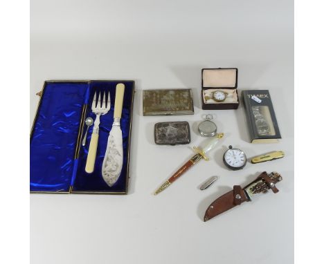 An early 20th century silver cigarette case, together with two pocket watches, a stick pin, fish servers and other items