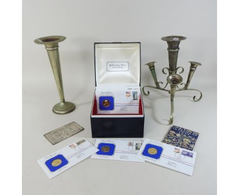 A Victorian silver plated epergne, together with a spill vase and collection of stamps