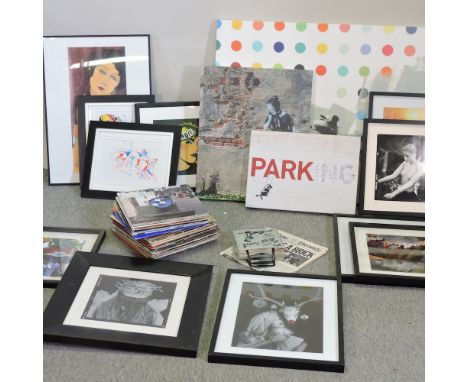 A collection of modern art prints, limited edition photographs, signed in pencil, a 1970's ceiling light and vinyl records