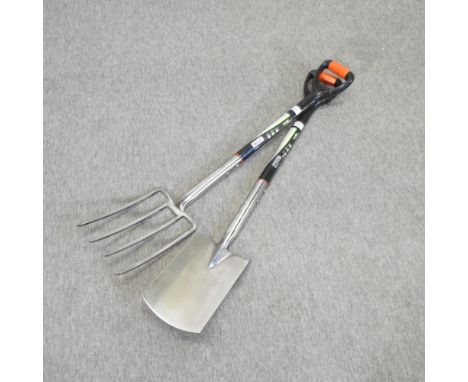 A stainless steel fork and spade