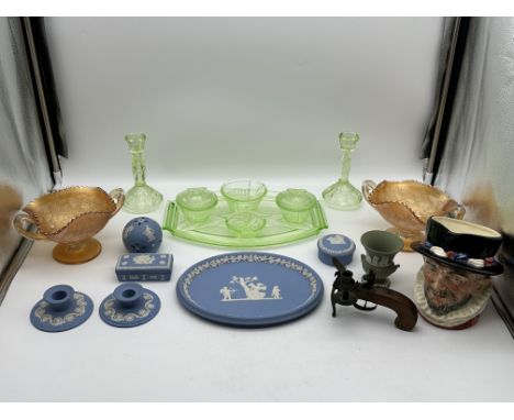 Assorted Lot to include Art Deco Uranium Glass Dressing Table Set, Pair of Carnival Glass Bon-Bon dishes, Royal Doulton Chara