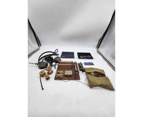 Morse Code Telegraph Equipment along with WWII sewing kit and two cartographer's compass sets.  