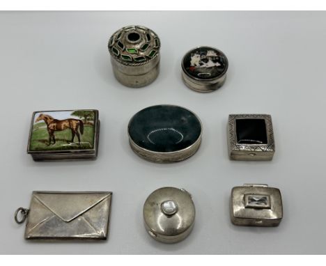 Collection of Seven Hallmarked Silver and Enamel Pill Boxes, and Stamp Case.  
Total weight 129gr. 