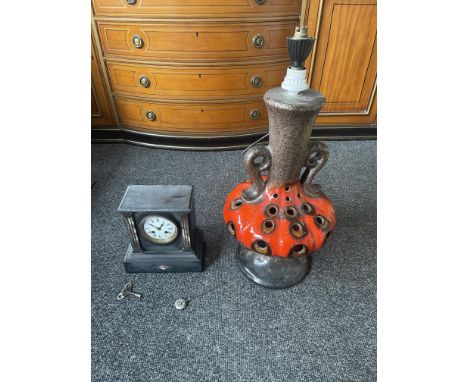 Black Marble Mantel Clock along with Large West German Pottery Fat Lava Lamp. 