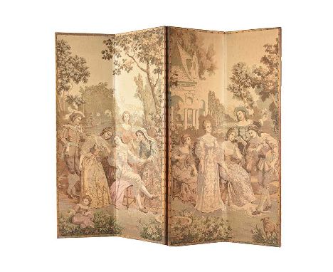 VICTORIAN FOUR FOLD TAPESTRY SCREEN WITH LEATHER MOUNT AND BRASS STUDS. CLASSICAL SCENE. HEIGHT: 80 INCHES.WIDTH: 92 INCHES.I