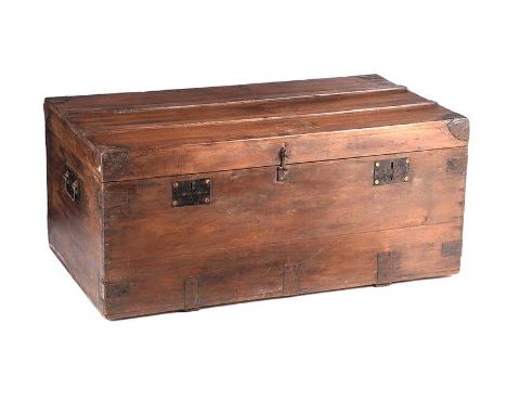 EARLY PINE TRUNK WITH METAL DROP HANDLES AND BRACKETS.HEIGHT: 17 INCHES.WIDTH: 38 INCHES.DEPTH: 22 INCHES.IN GOOD CONDITION.