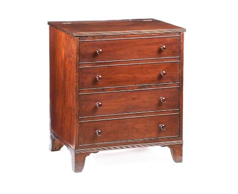 ANTIQUE MAHOGANY BLANKET CHEST WITH HINGED LID AND FOUR FALSE DRAWERS WITH TURNED HANDLES.RAISED ON BRACKET FEET.HEIGHT: 29 I