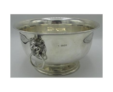 Geo.111 style hallmarked silver circular bowl, with lion mask and ring handles on stepped circular foot, London 1911 by Mappi