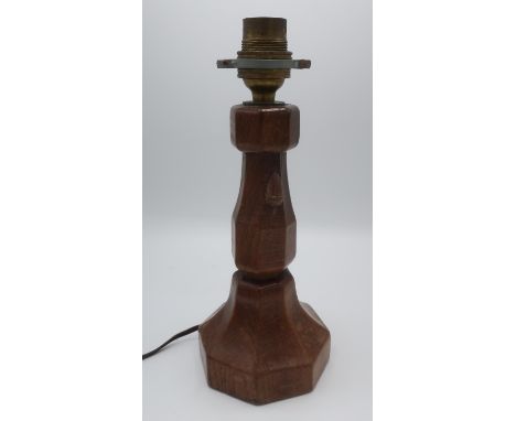 Alan Acorn Man Grainger - small adzed oak octagonal table lamp of good colour, on tapering octagonal base, carved with signat