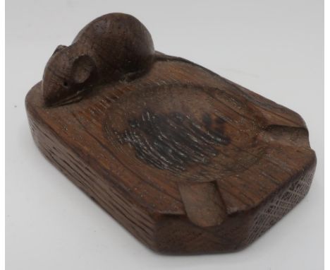 Robert Mouseman Thompson - adzed oak ashtray with carved signature mouse, D10cm 