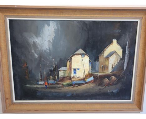 Jack R Mould (British 1925-1998): Cornish Harbour scene with figures, oil on canvas, signed, 50cm x 75cm 