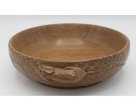 Robert Mouseman Thompson - small adzed oak circular bowl, exterior carved with a signature mouse, D15cm 