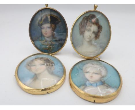 Group of four early 20th century oval portrait miniatures studies of young ladies, in Georgian style, watercolour on ivory, t