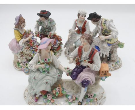 20th century Sitzendorf porcelain figure group of lady and gentleman flower sellers, a similar group of lovers and another of