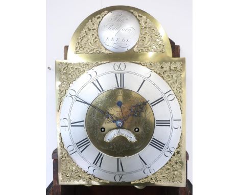 Geo. III oak long case clock, 44cm arched brass dial with silvered Roman chapter, subsidiary seconds dial and date aperture, 