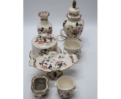 Collection of Mason's Mandalay and Mandalay Star pattern ceramics including octagonal table lamp, cheese dish and cover H22cm