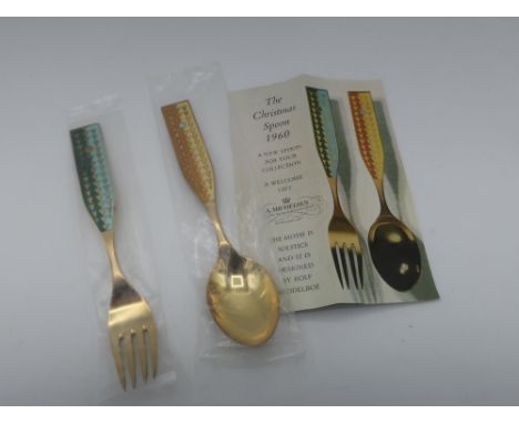 Michelsen Danish Sterling silver and enamel Solstice  design Christmas Spoon &amp; Fork for 1960, unopened in original packet
