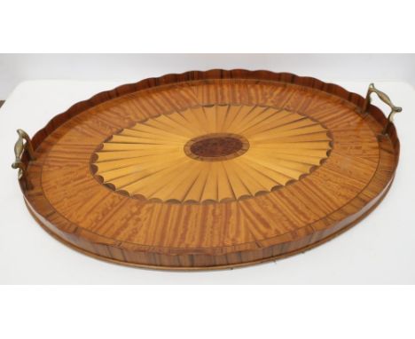 Edwardian Sheraton Revival satinwood oval galleried tray, with fan medallion centre and two brass handles, L58cm D42.5cm 