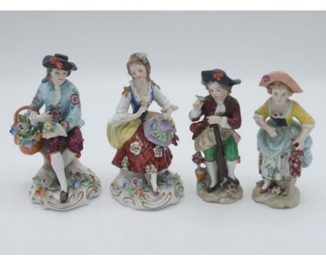 Pair of small 20th century Sitzendorf porcelain figures of lady and gentleman flower sellers, each wearing 18th Century costu