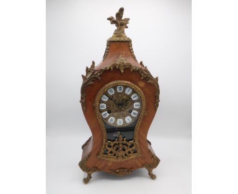 Louis XV style walnut bracket clock, shaped case with scrolling acanthus leaf mounts, shaped door enclosing brass embossed di