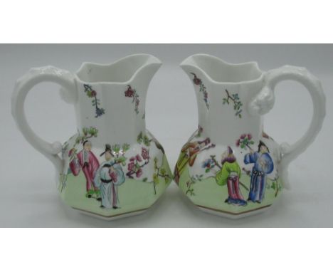 Two Spode Felspar Porcelain hydra jugs, chinoiserie decorated with courting couples in garden landscapes, printed marks and p