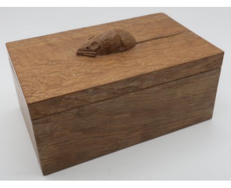 Robert Mouseman Thompson - a rectangular adzed oak trinket box, the cover with mouse handle W18cm D11cm H11cm 