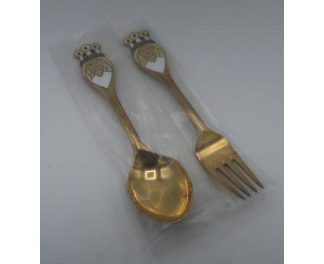 Michelsen Danish Sterling silver and enamel Lucia Bride design Christmas Spoon &amp; Fork for 1959, unopened in original pack