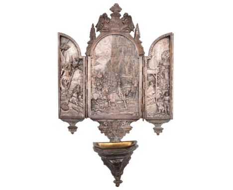 A French silvered metal holy water font in 15th century Gothic style, late 19th century, the arched and hinged doors cast wit