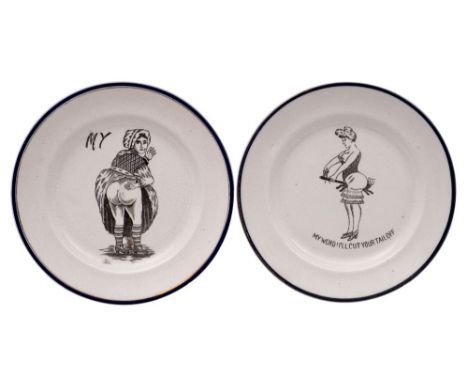 A pair of pottery 'saucy' plates, each transfer decorated with a bawdy female portrait, one showing her bare buttocks beneath