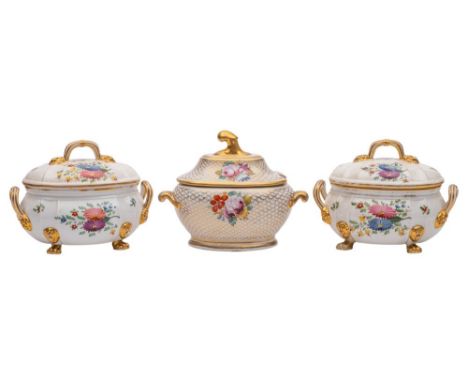 A pair of Derby sauce tureens and covers and a Coalport sauce tureen and cover the pair with gilt lion mask handle terminals 