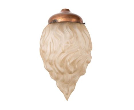 A moulded, frosted glass and copper mounted flambeau ceiling light, first half 20th century, the flame form body with domed c