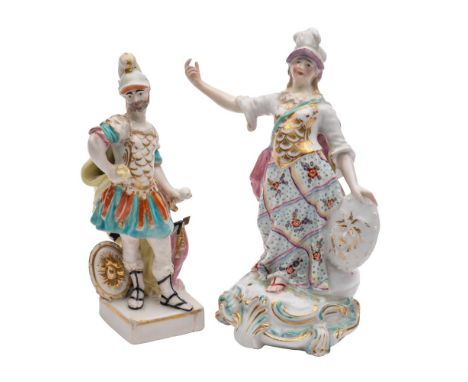 A Derby figure of Minerva and a similar figure of Mars both of traditional form, Minerva on a rococo mound base, patch marks,