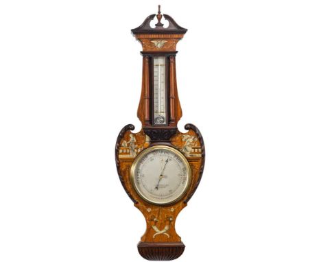 A substantial rosewood and marquetry inlaid aneroid barometer: the round silvered dial engraved with usual barometer markings