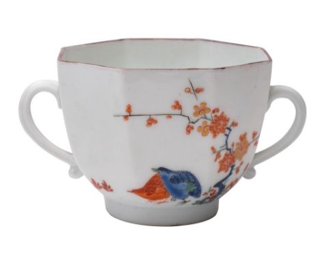A Meissen kakiemon two-handled octagonal cup with Japanese Palace inventory number painted in the Quail pattern with brown li