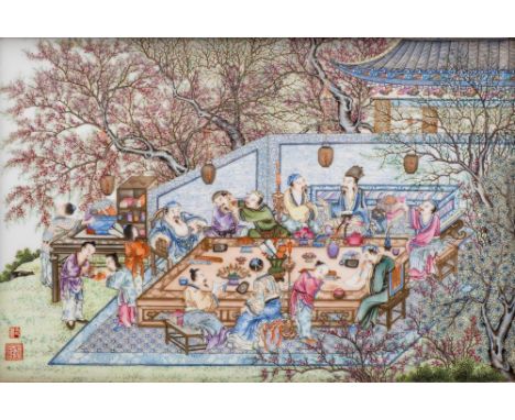 A fine Chinese famille rose rectangular plaque enamelled with a dining and literary gathering scene of figures around a large