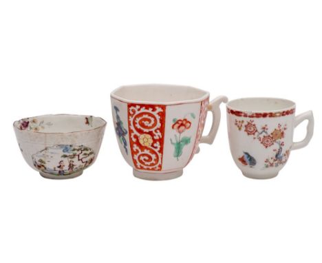 A Chelsea octagonal cup, a Bow cup and a Worcester teabowl the first painted with auspicious objects and flowers between pane