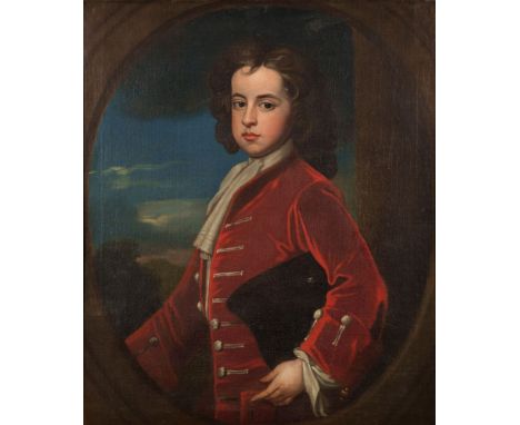 Circle of Jonathan Richardson (British, 1667-1745)Portrait of a young noblemanstanding half-length, wearing a red coat and wh