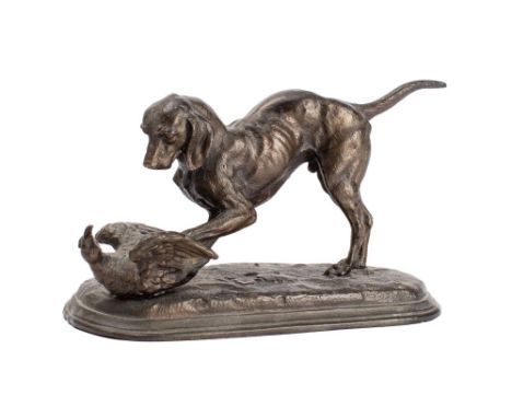 A French patinated spelter model of a hound and its catch, in the manner of Pierre-Jules Mene, late 19th/early 20th century, 