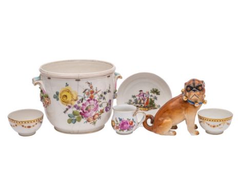 A mixed lot of Continental porcelain comprising a pair of Swiss Nyon tea bowls painted with a band of floral garlands, fish m