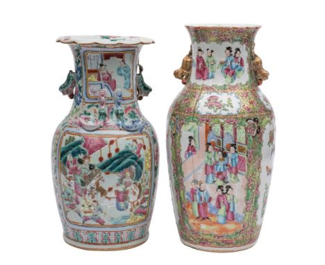 A Canton baluster vase and one similar with pleated rim, Qing Dynasty both with applied lion dog handles, one with chilong to