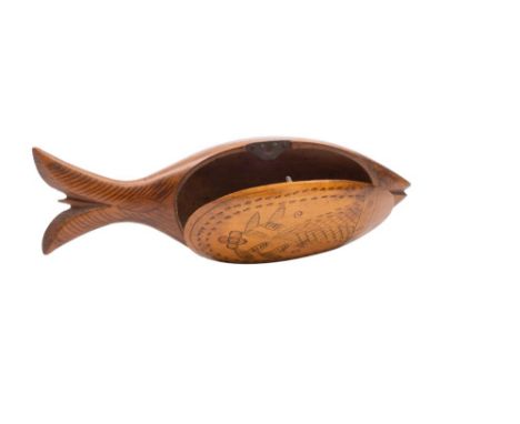 A carved softwood and penwork snuff or pin box modelled as a fish, 19th century, the interior enclosing a label inscribed 'Br