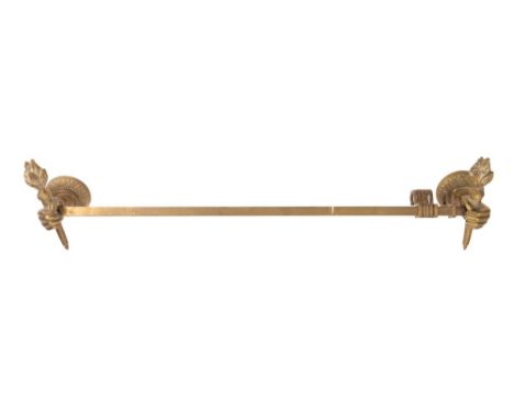 A Victorian brass hanging rail, early 20th century; perhaps an overdoor for use with a tapestry, with six hooked rings, the r