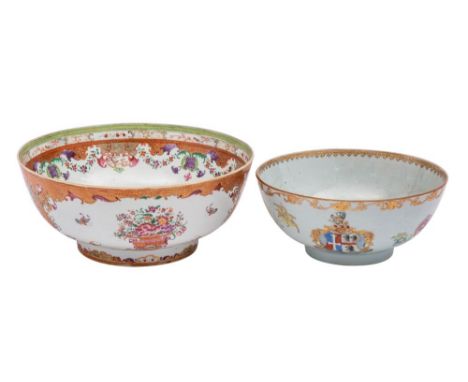 A Chinese famille rose armorial bowl and one other the first painted with the arms of Snell of Kennicott in Devon and Kingsto