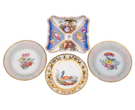 A Paris ornithological porcelain saucer dish, a pair of German reticulated plates and a Carl Thieme Dresden shaped square dis