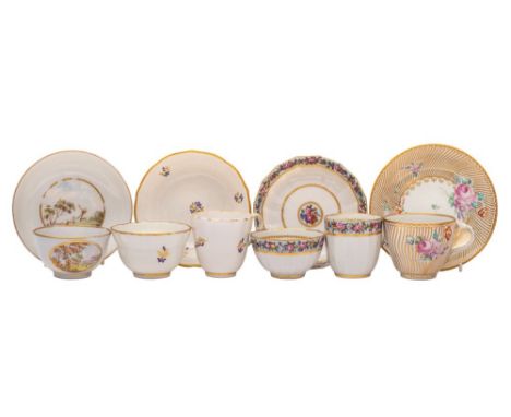 A group of two late 18th/early 19th century English trios, a cup and saucer and a teabowl and saucer the first trio Derby of 