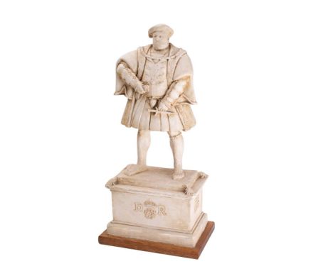 A plaster model of Henry VIII mounted on a rectangular base with Tudor Rose and Portcullis motifs, on an oak base, 56cm high.