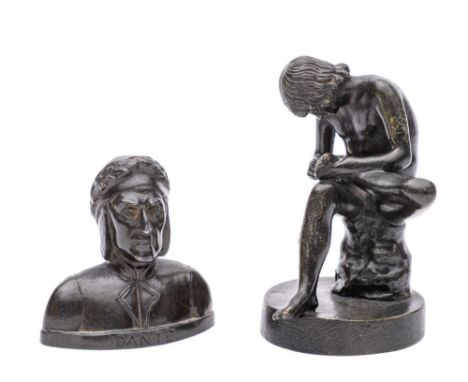 Two small bronzes, comprising a head and shoulders portrait of Dante and a small reproduction of the Spinario on a circular b