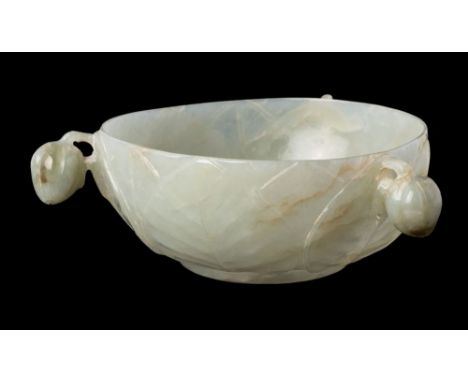 A  Chinese Mughal-style celadon jade bowl, the exterior with three bud handles suspended from two stalks, carved in relief wi