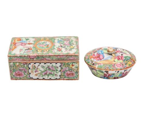 A Canton rectangular box and cover and an oval sucrier and cover, Qing Dynasty the box 18 x 9.5cm [cover matched and restored