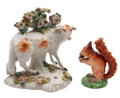 A Derby figure of a ram and a similar model of a red squirrel the ram on mound base with tree stump and bocage support, circa